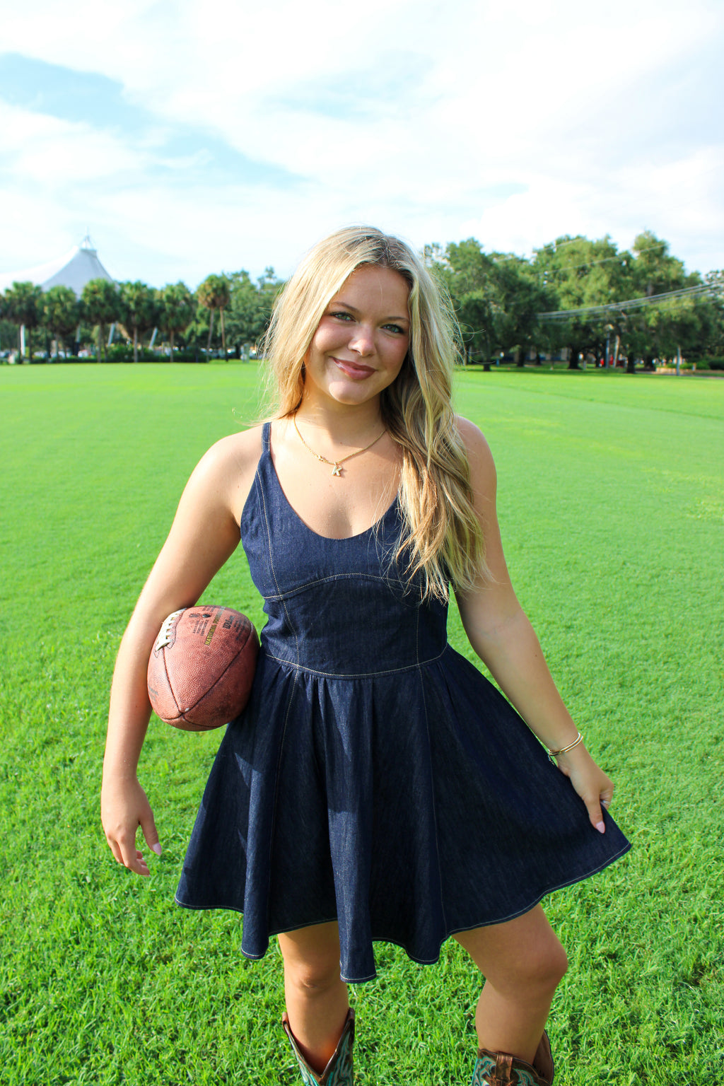 DENIM SWOOP NECK DRESS