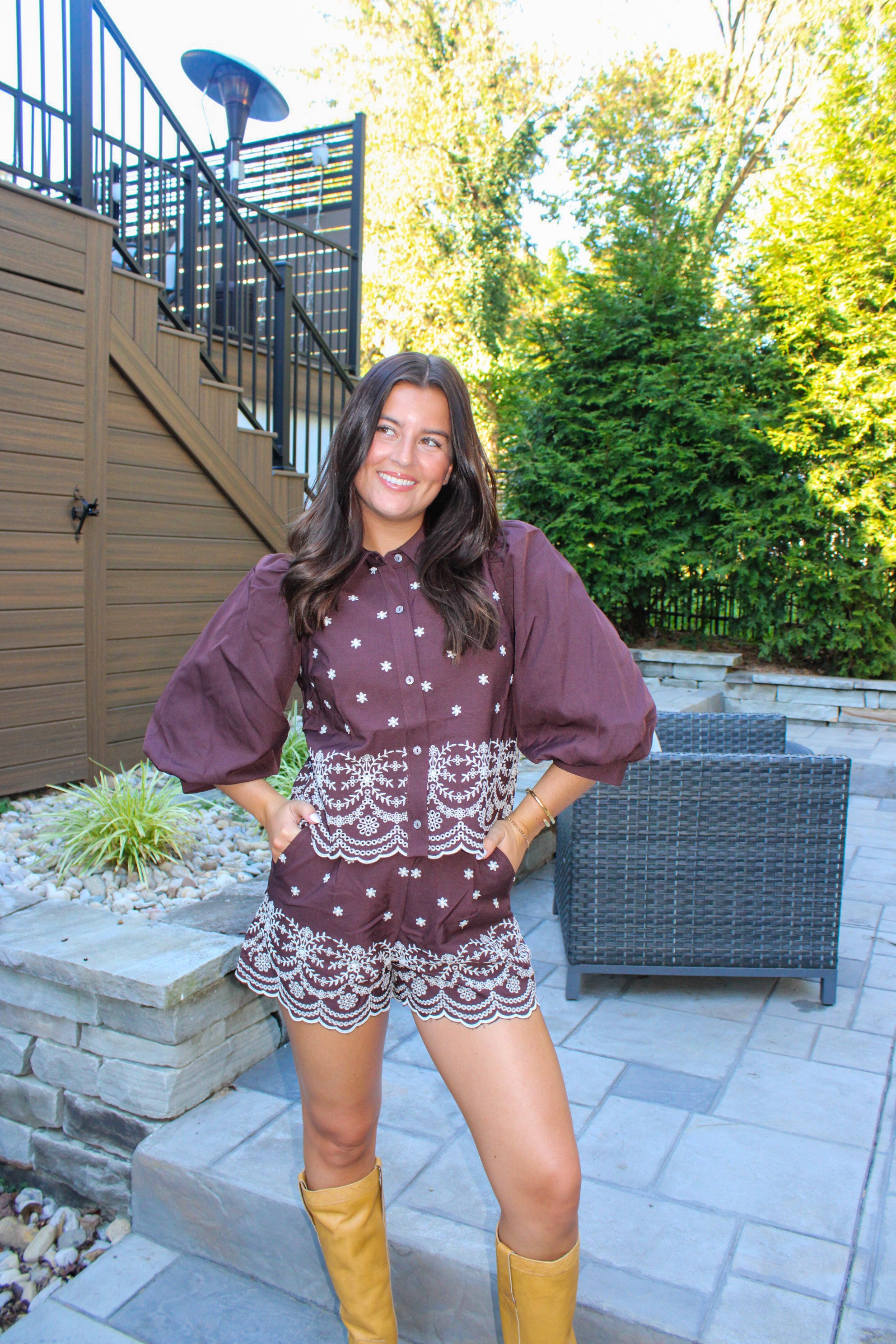 BUBBLE SLEEVE BROWN PRINTED SET