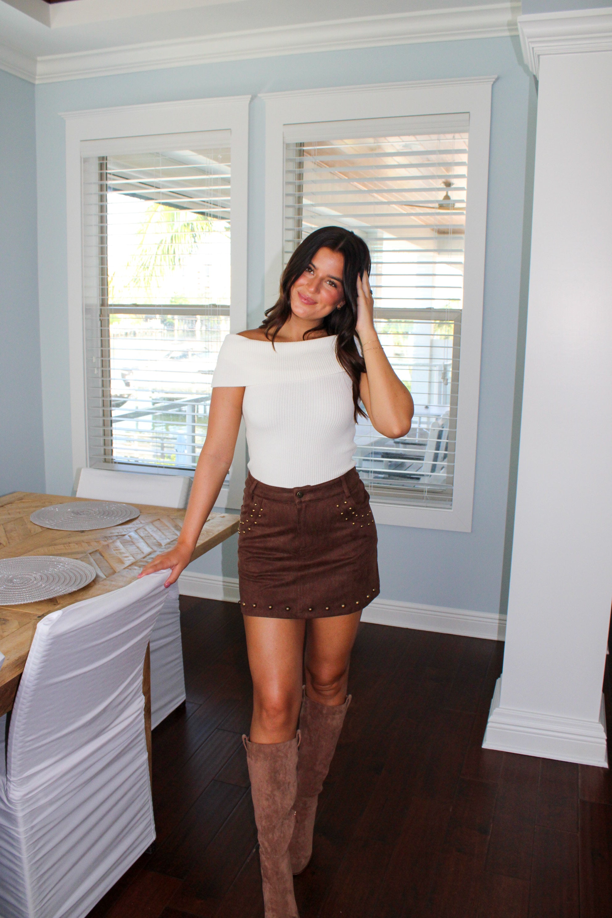 SUEDE STUDDED MINI SKIRT