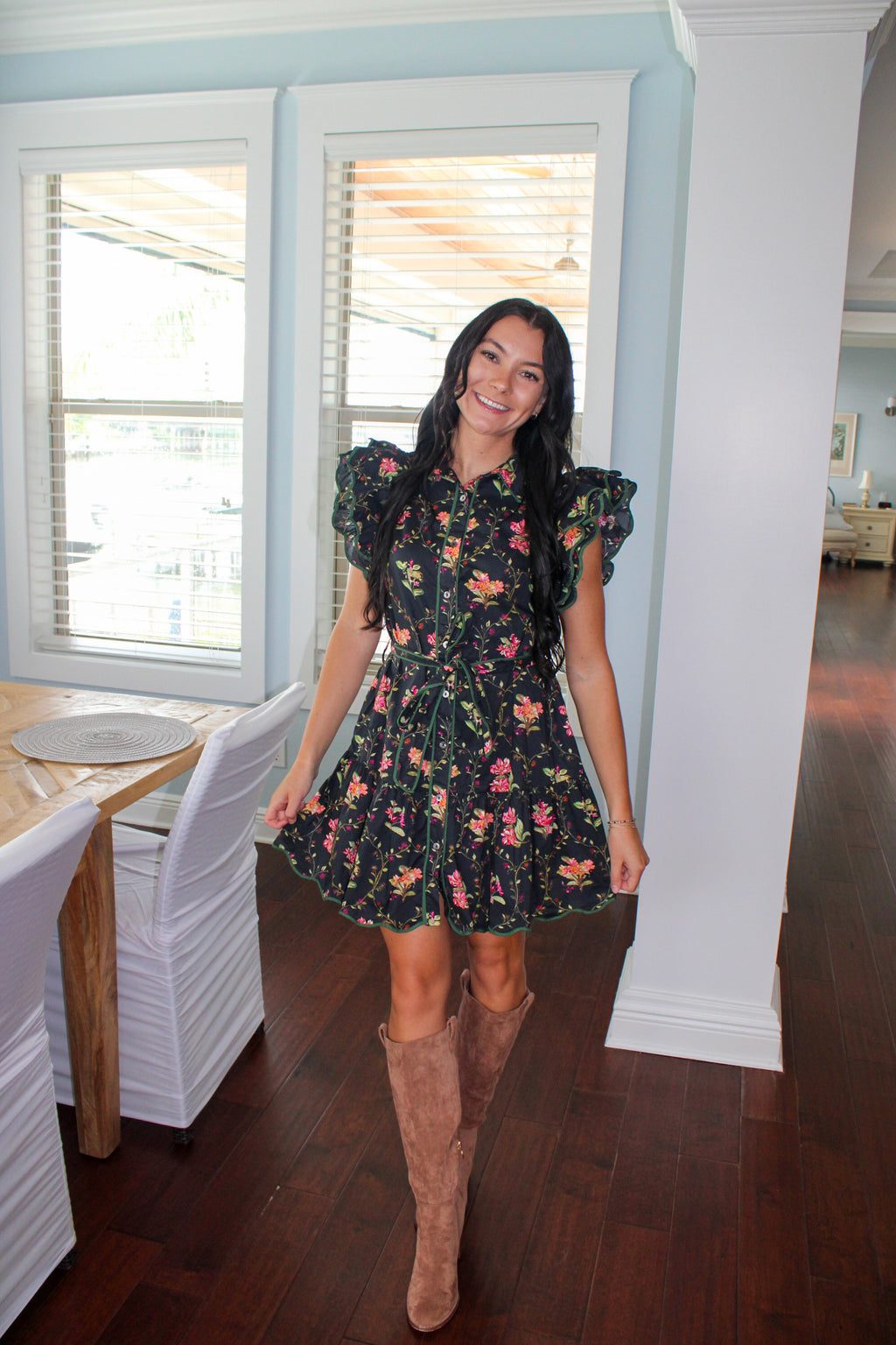 RUFFLE SHORT SLEEVE FLORAL DRESS