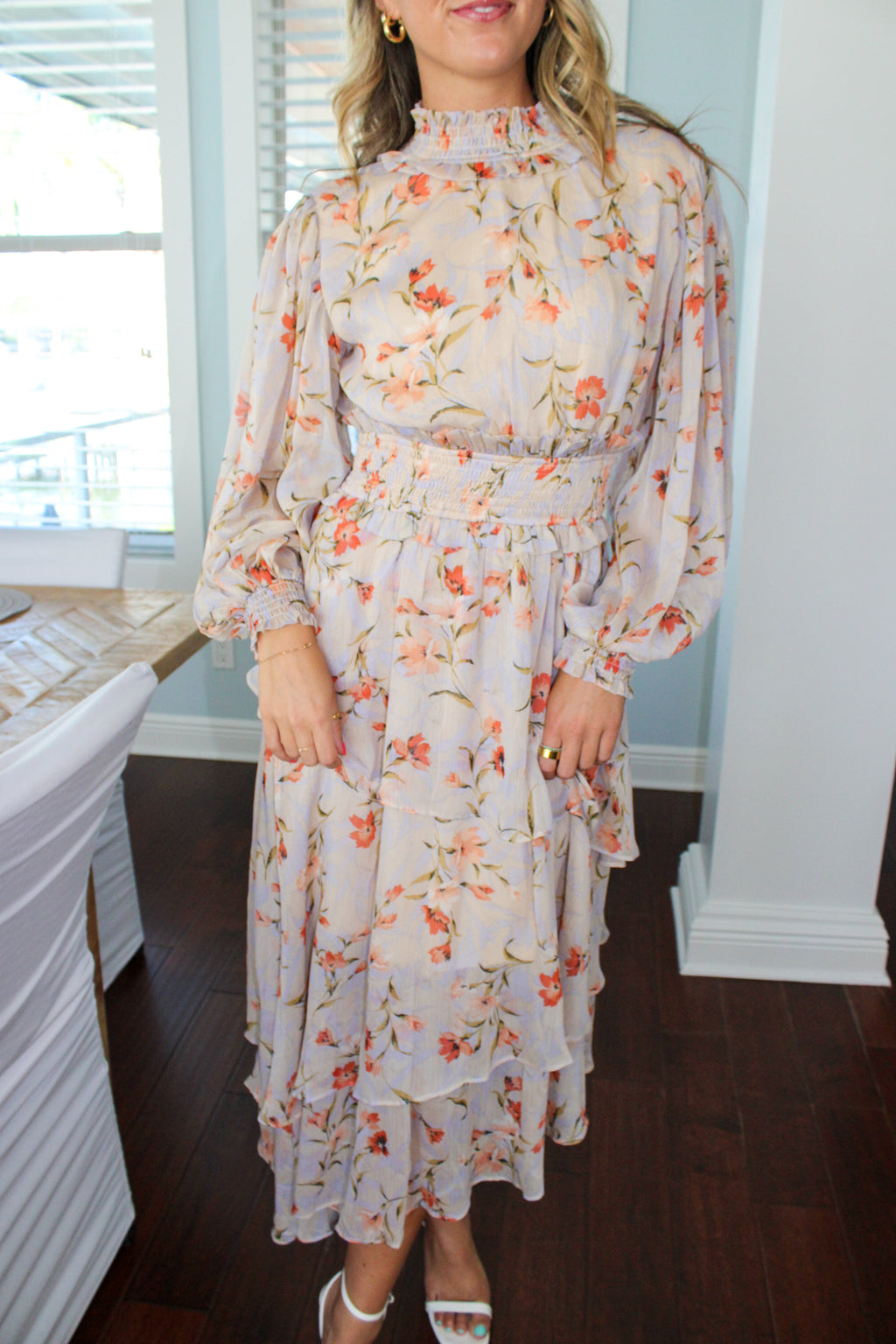 SMOCKED WAIST LONG SLEEVE DRESS