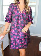 NAVY/FUSHIA PUFF SLEEVE DRESS