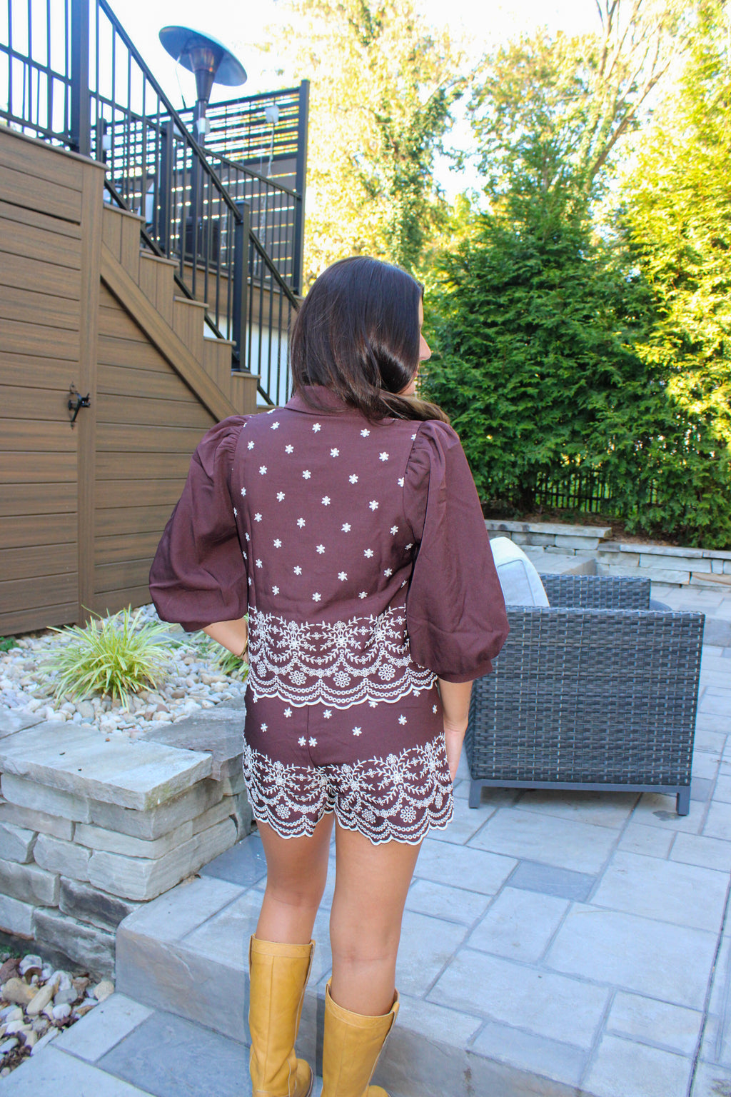 BUBBLE SLEEVE BROWN PRINTED SET
