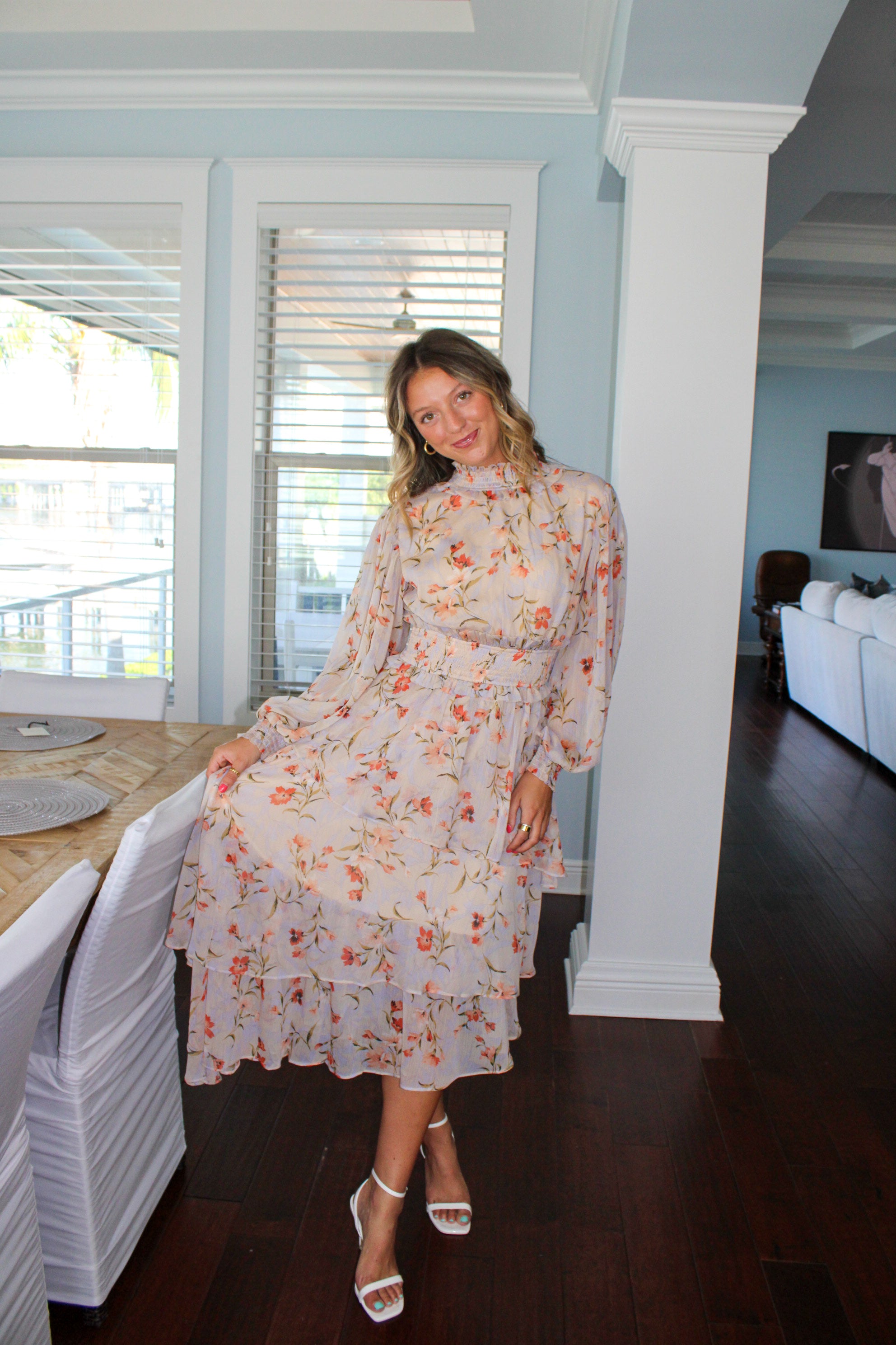 SMOCKED WAIST LONG SLEEVE DRESS