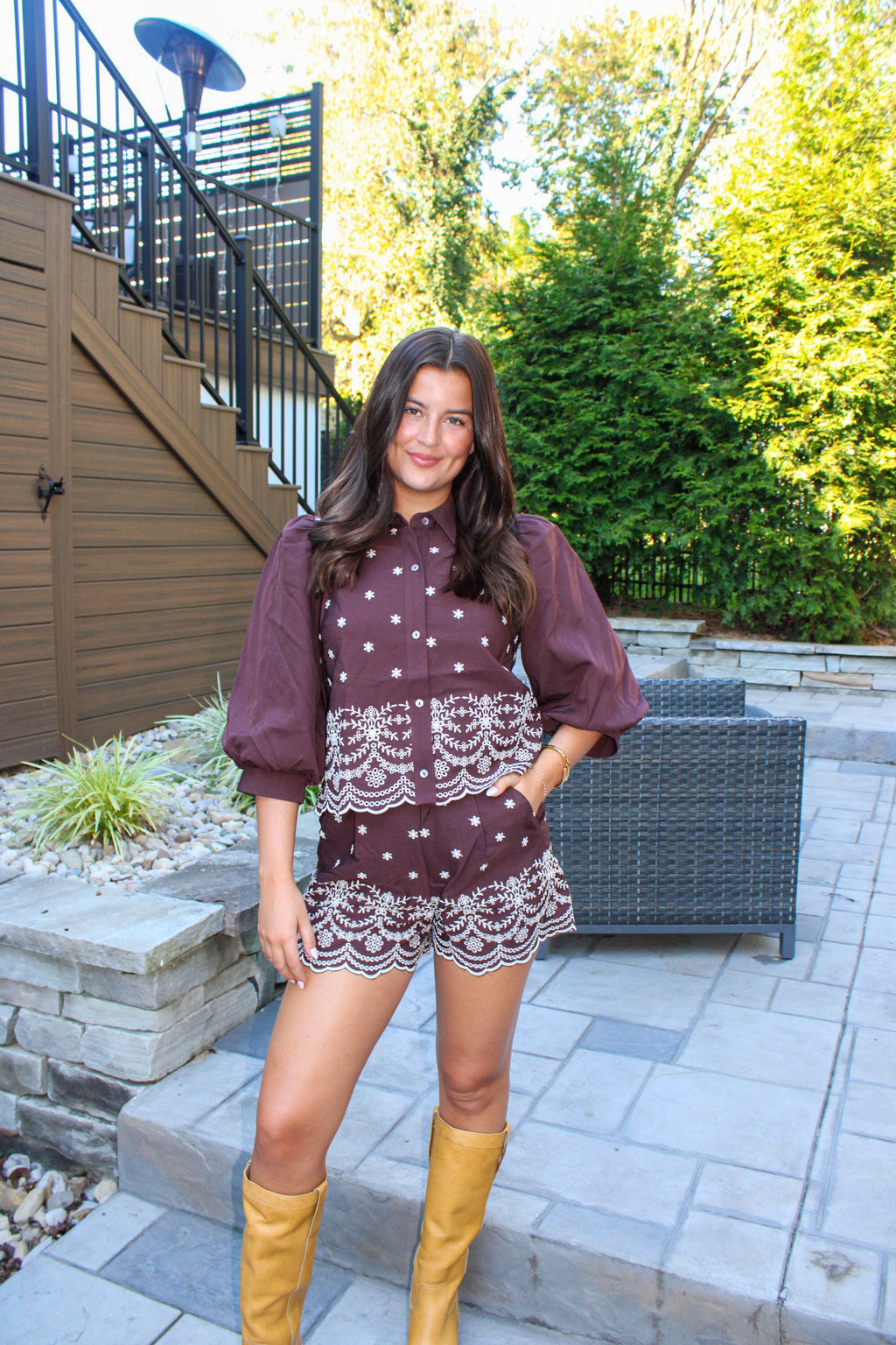 BUBBLE SLEEVE BROWN PRINTED SET