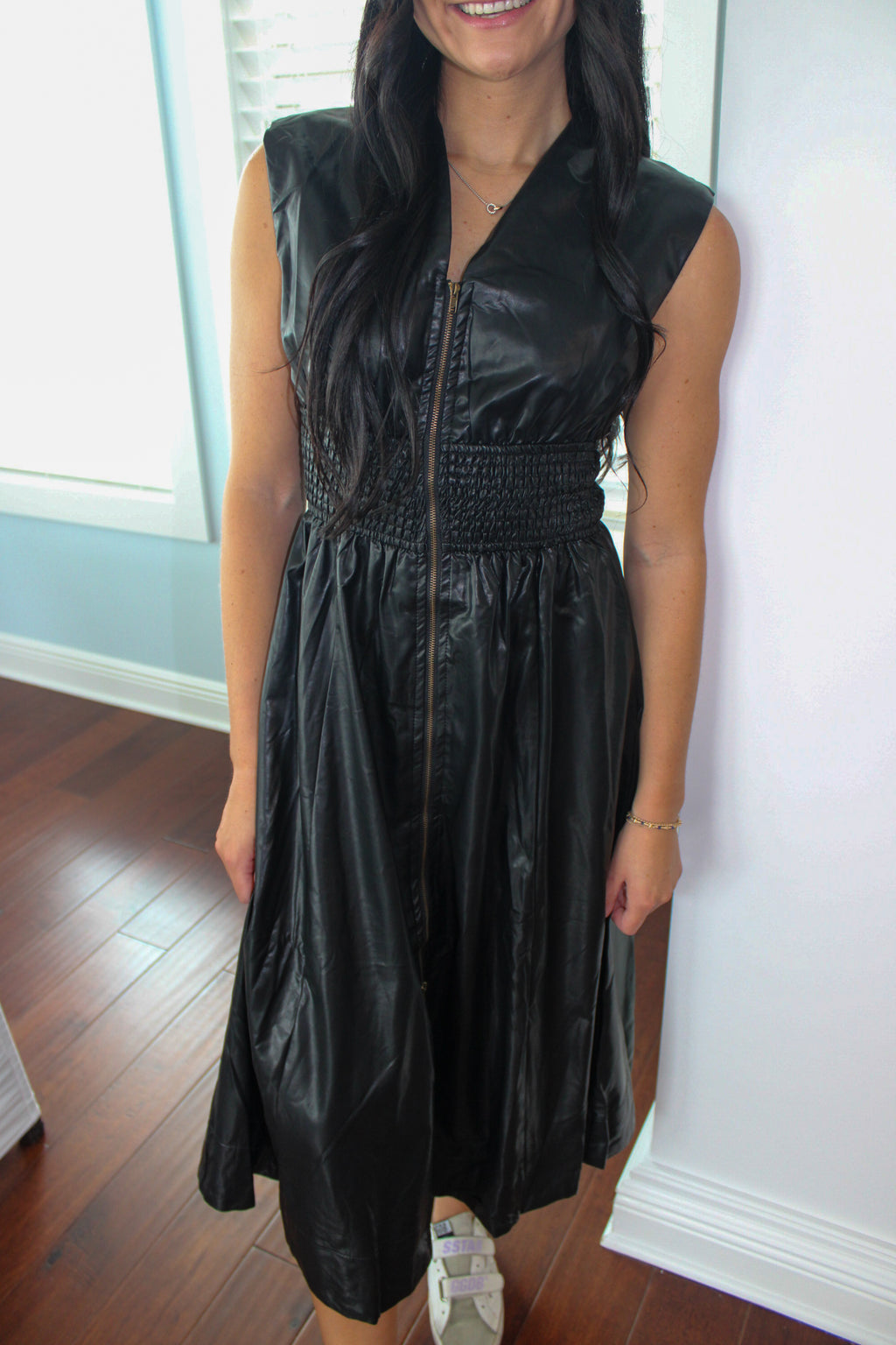 BLACK LEATHER SINCH DRESS